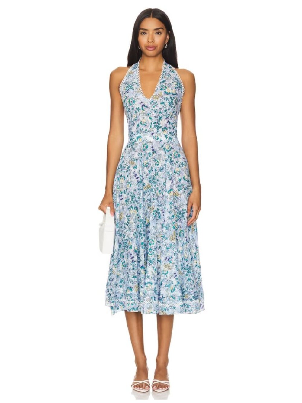 Poupette St. Barth Beth Swiss Dot Halter Midi Dress Blue Sweet Liberty Sz S